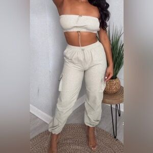 Women's Cream 2 Piece Cargo Pants set